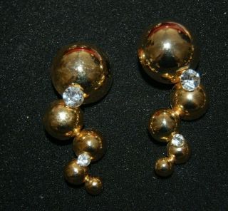 VTG 80 ' S COUTURE GOLDEN CABOCHON BUBLES & RHINESTONES STATEMENT CLIP - ON EARRINGS 2