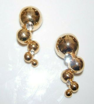 VTG 80 ' S COUTURE GOLDEN CABOCHON BUBLES & RHINESTONES STATEMENT CLIP - ON EARRINGS 3