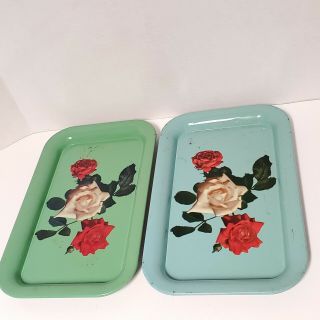 Set Of 2 Vintage Metal Serving Trays Blue Green Floral Rose Lap Tv Tray Tin (ft)