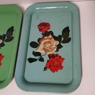 Set of 2 Vintage Metal Serving Trays blue green floral rose Lap TV Tray Tin (ft) 2