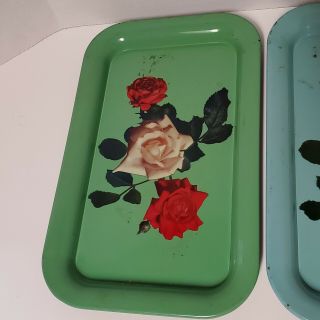 Set of 2 Vintage Metal Serving Trays blue green floral rose Lap TV Tray Tin (ft) 3