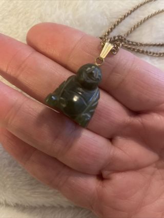 Vintage Jade Look Carved 1” Buddah Pendant And 22” Chain