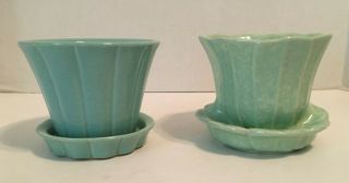 2 Vintage Mccoy Brush Flower Pots,  Aqua Blue And Sea Foam Green