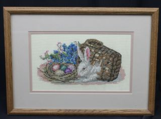 Vtg Completed Cross Stitch Picture Wall Art Bunny Rabbit Basket Flowers Framed