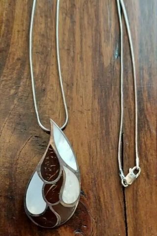 Vintage 925 Italy Sterling Silver Mother Of Pearl Pendant Teardrop 18 " Necklace