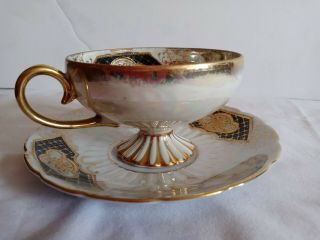 Teacup And Saucer Vtg Royal Sealy Iridescent Gold Trim Footed Made In Japan.