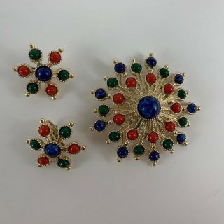 Vintage Sarah Coventry Brooch Pin Clip Earrings Red Blue Green Costume Jewelry