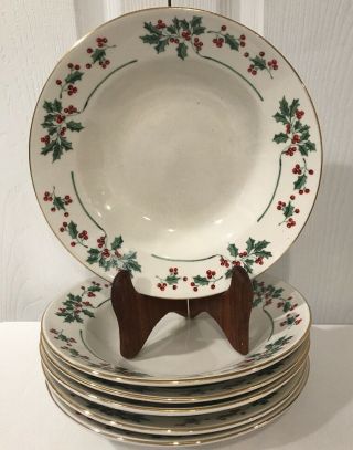 Gibson Everyday Christmas Charm Soup Cereal Bowls Holly Berry Set 6