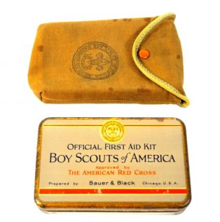 Vintage Tin Official First Aid Kit Boy Scouts Of America Bauer & Black W/ Pouch