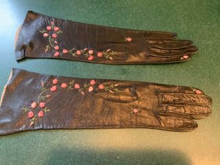 Vintage Freddy Of Paris 12” Long Black Leather Gloves,  Floral Design Size 6 1/4