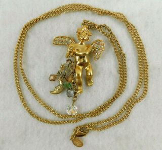 Vintage Signed Kirks Folly Angel Moon And Star Rhinestone Pendant Chain Necklace