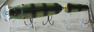 Unknown large jointed wood Muskie fishing lure no markings perch color 9 