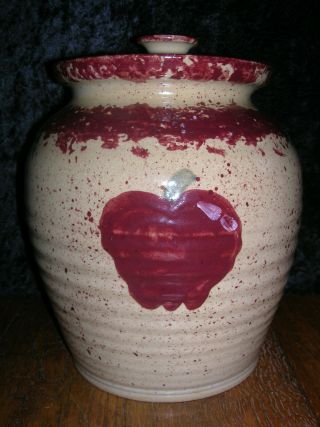 Vtg Barton Potteries Red Sponge Apple Stoneware Lg.  Crock Canister Dresden Ohio