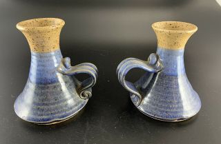 Vtg Pair Art Studio Stoneware Pottery Fingerhold Candlesticks/holder Blue