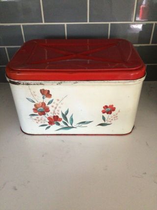 Vintage Metal Bread Box Antique Nc Colorware Red Bread Tin W/ Vent Flowers
