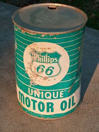 Vintage Metal Quart Oil Can - Phillips 66 Unique - Green With White Stripes Rare