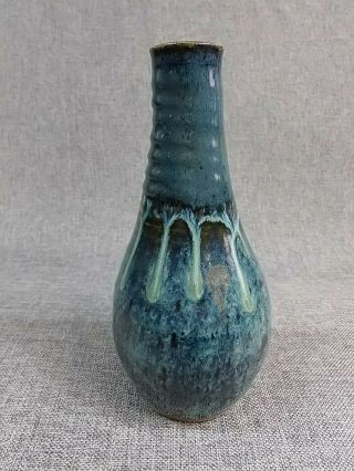 Pottery Vase With Mcm Blue And Teal Lava Glazing