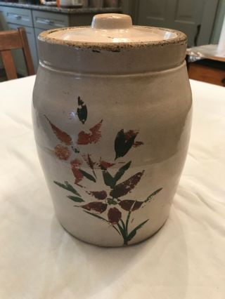 Antique 19th C.  Stoneware Food Crock Hand Painted Flowers Lid