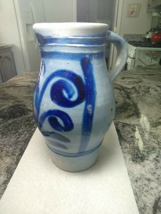 Vintage Salt Glaze Cobalt Blue Stoneware 8” Tall X 4 1/2 " Dia.  Pitcher,  Germany