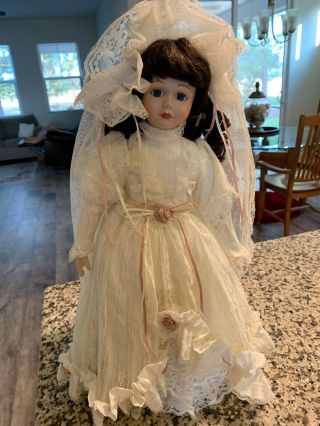 Vintage Collectors Porcelain Bride Doll 18 " Wedding Brown Hair Curls Blue Eyes