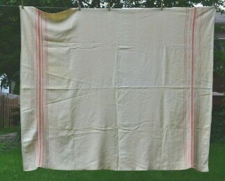 Vintage Wool Blanket 56 " X 66 ",  Off - White With Red & Gray Stripes,  Cutter
