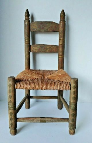 Antique 20 " Wooden Doll Chair Ladder Back With Rush Woven Seat