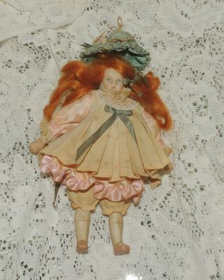 Vintage Bisque/clothe Strung Doll W Red Wig 6 ".  Look