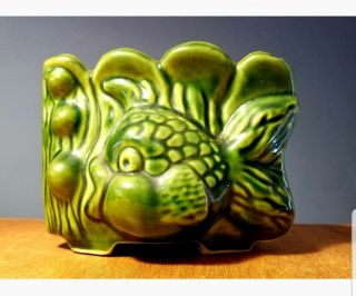 Vintage American Bisque Pottery Green Fish Planter Usa