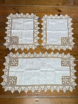 Vintage Handmade Crochet Lace & Linen Doilies Table Runner Dresser Scarf Set 3