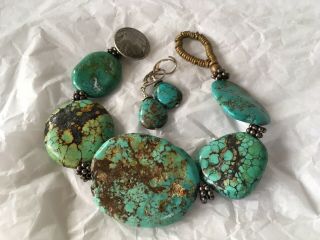 Large Turquoise And Sterling Silver Toggle Bracelet Vintage 7.  5 "