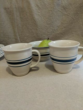 Set Of 3 Tienshan Country Crock Stoneware,  2 Coffee Mugs And 1 Bowl,  Blue Stripe
