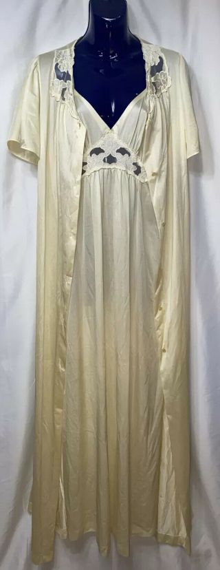 Vintage Pinehurst Lingerie 2 Pc Set Long Gown Robe Medium Yellow Lace Nylon Sexy