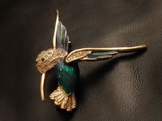 Vintage Rare Roman Gold Tone With Rhinestones And Enamel Hummingbird Brooch
