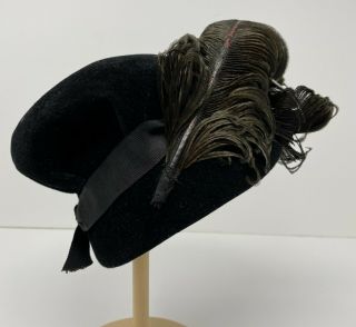 Vintage Antique Large Doll Or Infant Black Felt Hat With Large Feather & Ribbon