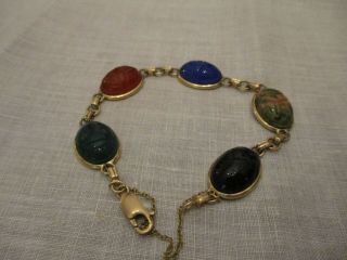 Vintage 14 K Gold Filled Scarab Bracelet W Safety Chain,  7 1/4 "