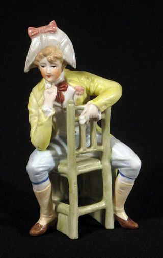 1900 Antique Gebruder Heubach Germany Figurine Young Man Sitting On Chair Bisque