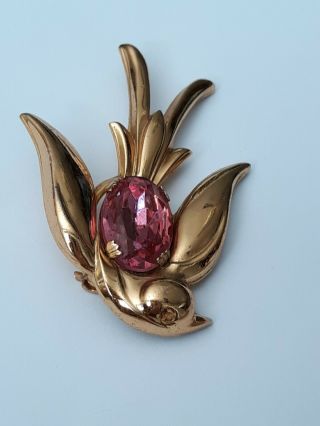 Vintage Coro Pegasus Signed Gold Plate Pink Rhinestone Bird In Flight Brooch Pin