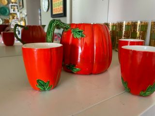 Maruhon Ware Hand Painted Japan Tomato Orange Pumpkin Water Pitcher 3 Cup Set 2