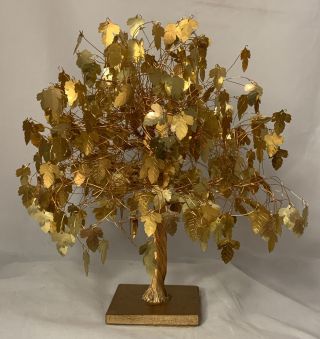 Vintage Twisted Wire Good Luck Bonsai Money Tree Gold Leaves And Base Mcm