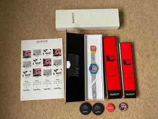 Swatch X Disney X Keith Haring Eclectic Mickey Watch Set,  Badge,  Sticker.