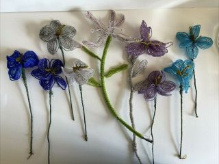 9 Vintage Handmade French Beaded Flowers