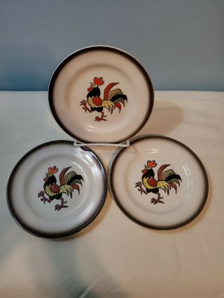 Set Of 3,  Vintage Red Rooster Poppytrail By Metlox Bread Plates Made In.