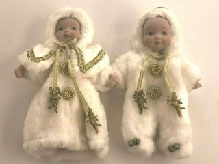 Vintage Christmas Ornament Set Of Boy Girl Porcelain Doll Angels White Winter
