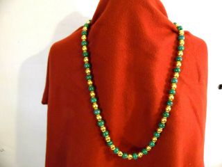 Vintage Trifari Necklace 35 " Long Gold And Green Color Beads Marked Trifari