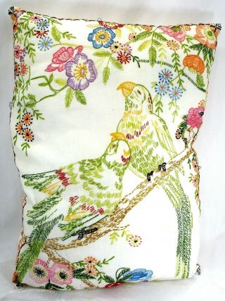 Handcrafted Pillow From Vintage Tablecloth,  Parrots And Flowers,  Birds,  18x12 In