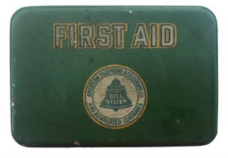 Vintage Bell System - Green Mini First Aid Kit Tin Box Telephone & Telegraph Co.