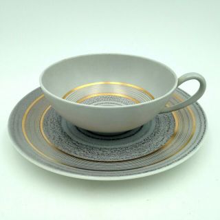 Sascha Brastoff Roman Coin Flat Cup And Saucer Set Gray Gold Swirl Fine China