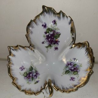 Vintage Lefton China Hand - Painted Leaf Candy Dish Violets With Gold Trim 7 " Long