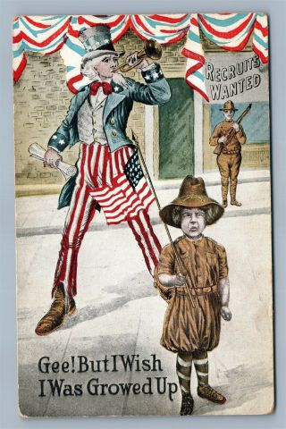 Uncle Sam Recruits Wanted Wwi Antique Postcard Patriotic