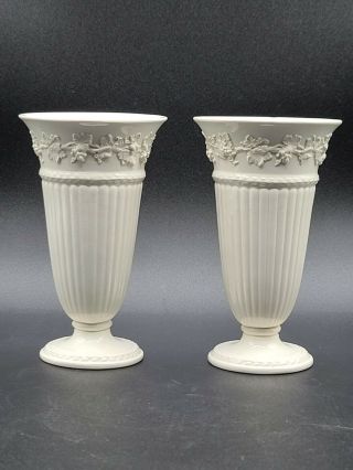 Vtg Set Of 2 Wedgwood Embossed Queens Ware Cream Trumpet Vases Approx 6.  25 " X3.  5 "